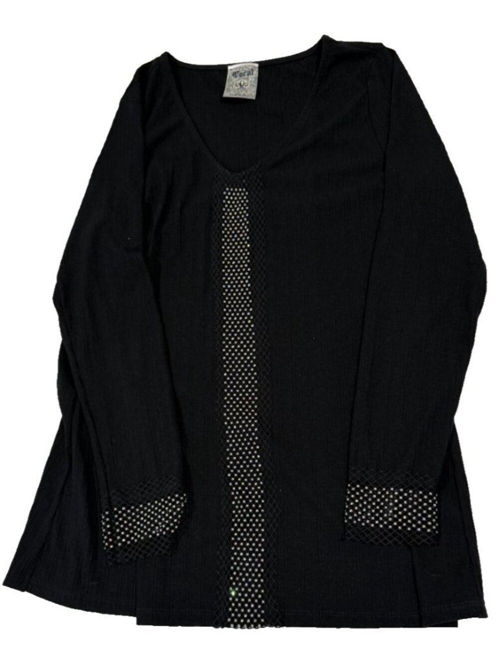 Vocal Y2K Women's Large L Black Rhinestone Bling Mesh Tunic Top V-Neck USA Made